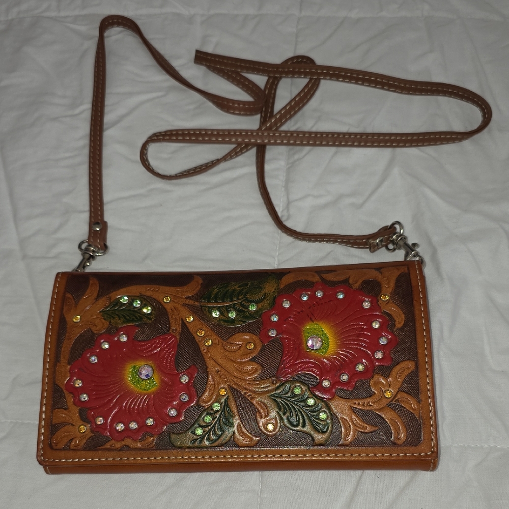 Floral Embellished Brown & Red Women's Wallet Purse Rhinstones Leather CBR